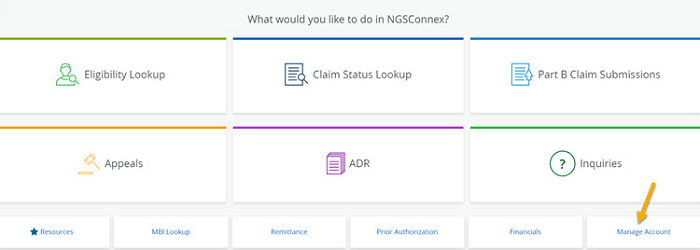 Image of the NGSConnex homepage with the 'Manage Account' button highlighted by a yellow arrow. 