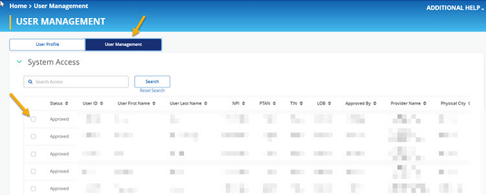 Image of Account Management tab in NGSConnex with 'User Management' selected and a yellow arrow pointing to the checkbox to the left of the User ID selected in System Access. 