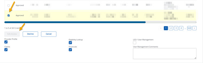 Image of row selected in System access and a yellow arrow pointing to the Edit Access button. 