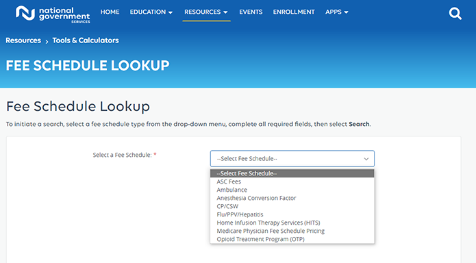 NGSMedicare website showing Part B fee schedule lookup.