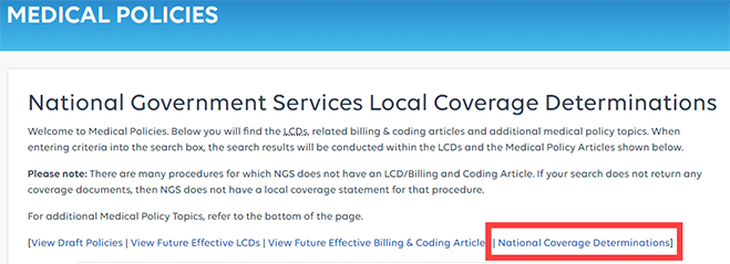 NGSMedicare website showing National Coverage Determination access link.