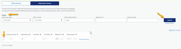 Image of Submission History Applet with a yellow arrow pointing to 'Filters', 'Search' button and checkbox to select record.