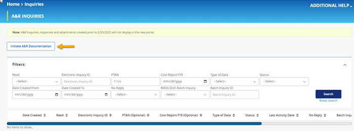 A&R Inquries panel displayed in NGSConnex with a yellow arrow pointing to 'Initiate A&R Documentation. 