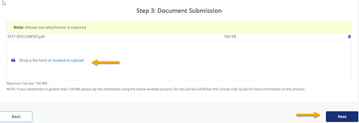 Image of Step 3: Document Submission with a yellow arrow pointing to where the user uploads documentation and a yellow arrow pointing to the Next button.
