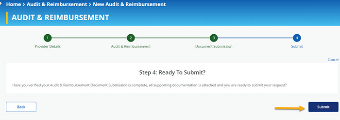 Image of Step 4: Submit of the A&R Document Submission functionality in NGSConnex with a yellow arrow pointing to the Submit button. 