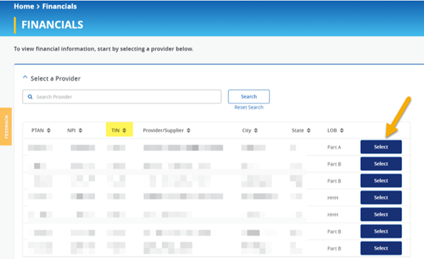 Image of the Select a Provider panel displayed in NGSConnex with a yellow arrow pointing to the 'Select' button. 