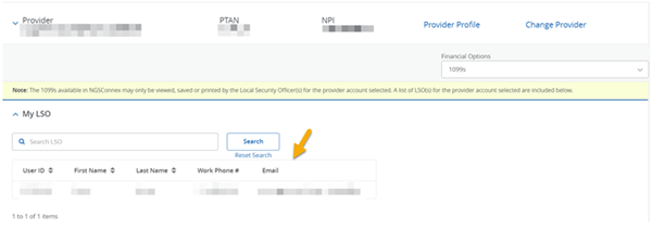 Image of My LSO panel displayed in NGSConnex. A yellow arrow pointing to the LSO contact information. 