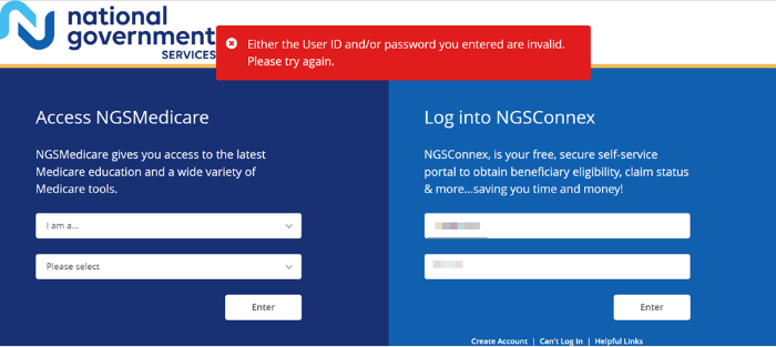 Image of the NGSConnex log in page with a message displayed indicating the user either entered an invalid User ID or Password.