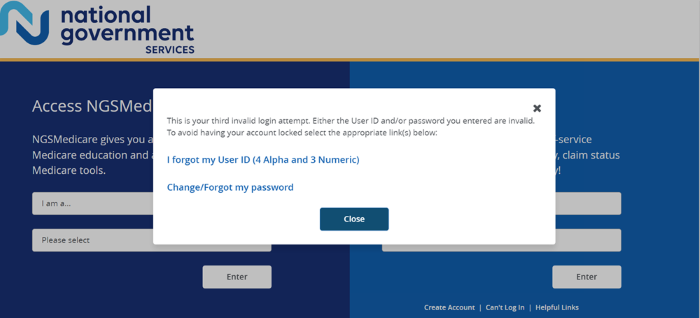 Image of the Log in page in NGSConnex with a message displayed indicated second failed login attempt. 