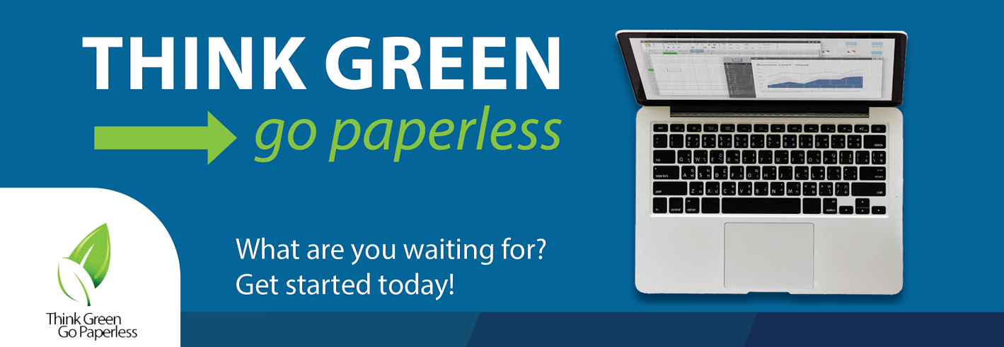 Banner showing a computer and inviting you to Think Green and Go Paperless.