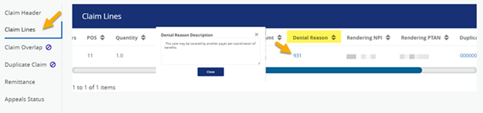 The 'Claim Lines' displayed in NGSConnex with a yellow arrow pointing to the 'Denial Reason'