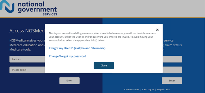 NGSMedicare.com combined landing page with the I forgot my User ID and Change/Forgot My Password links displayed.