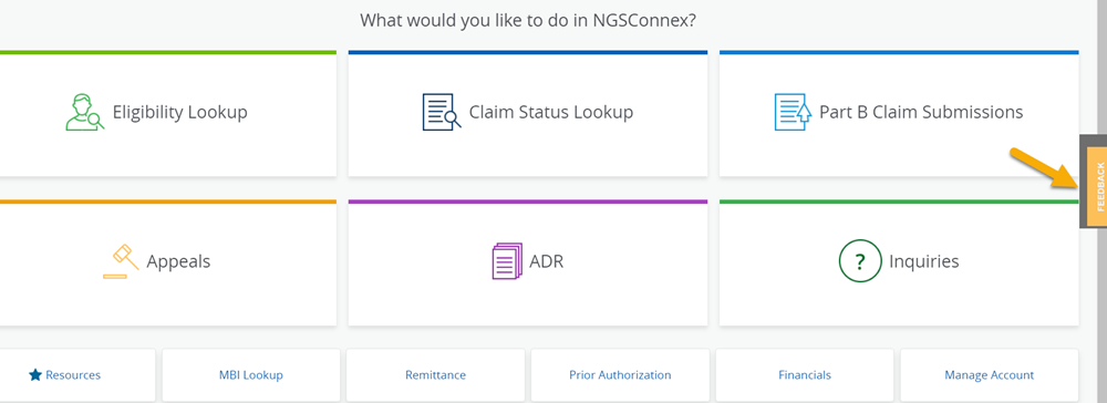 Image of the NGSConnex home screen with a yellow arrow pointing to the right side of the screen for the feedback button that can be selected in order to provide feedback on NGSConnex.