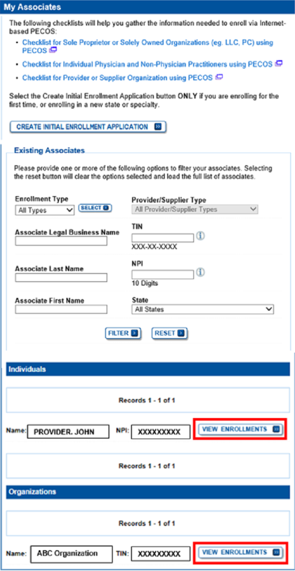 Under my associates you will see your records for Existing Associates. You will have access to click on the record that requires revalidating. To revalidate, click on View Enrollments.