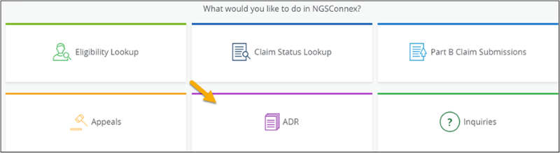 NGSConnex homepage with a yellow arrow pointing to the ADR tab. 