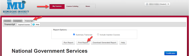 My Courses tab highlighting Transcript and Print Report