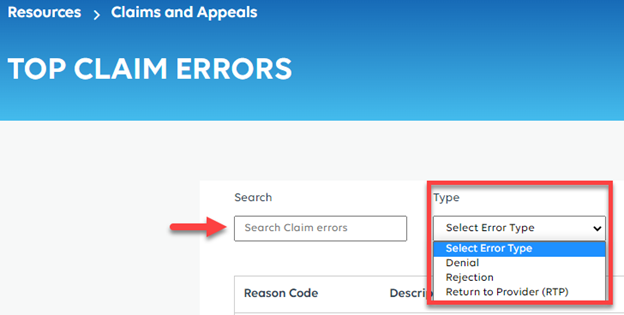 Top Claim Errors highlighting Search and Type dropdown