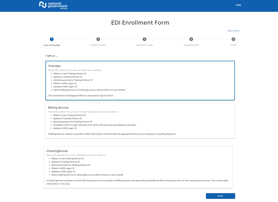 EDI Enrollment Form, selection of type of submitter