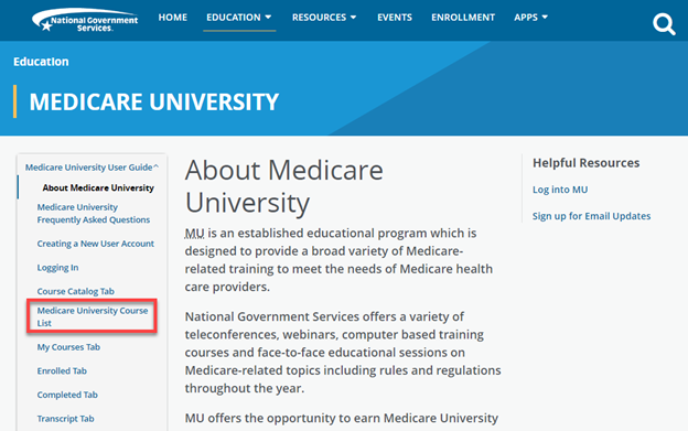 Medicare University User Guide highlighting Medicare University Course List