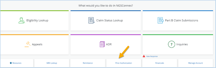 NGSConnex homepage with a yellow arrow pointing to Prior Authorization. 
