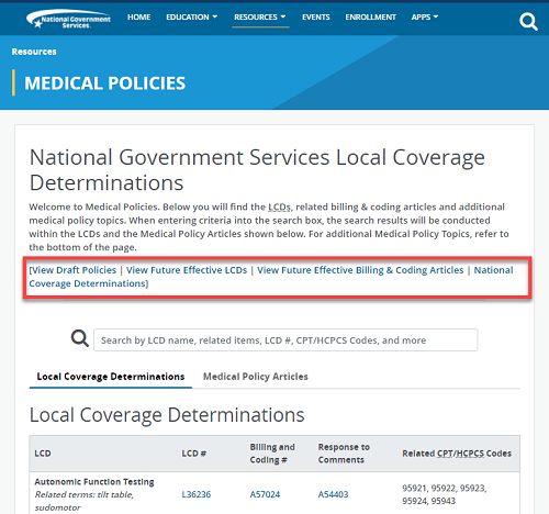 Medical Policies page Highlighting links and search page