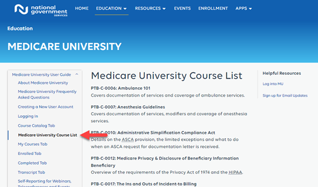Medicare University Course List