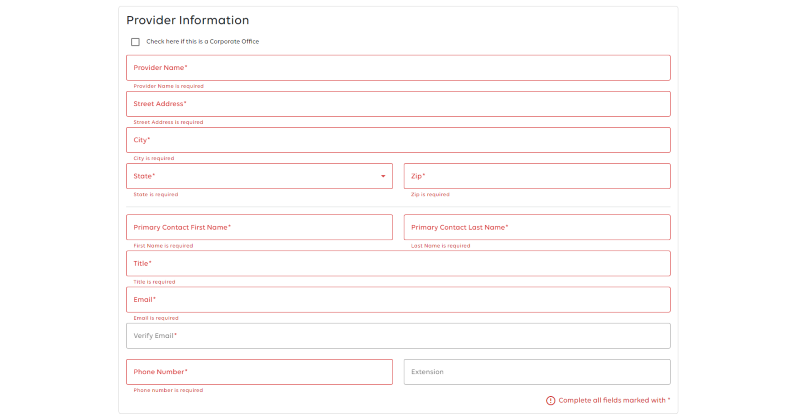 Provider Information fields.