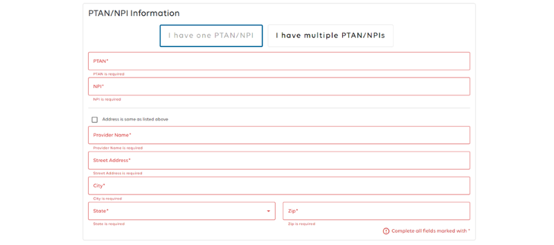 PTAN/NPI Information fields.