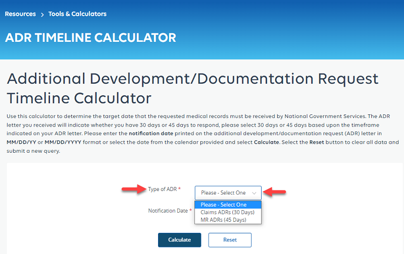 ADR Timeline Calculator highlighting Type of ADR  dropdown