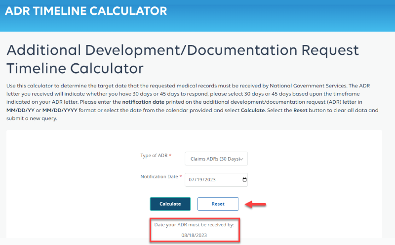ADR Timeline Calculator highlighting The date your requested medical records must be received and Reset button