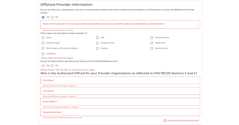 Offshore Provider Information fields.