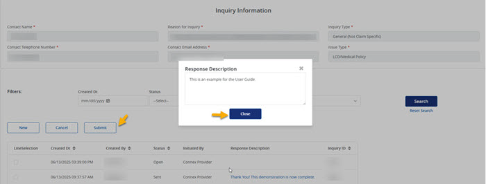 Inquiry Response screen in NGSConnex with the CLose button highlighted.