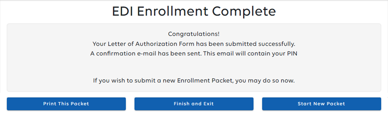 EDI Enrollment complete display