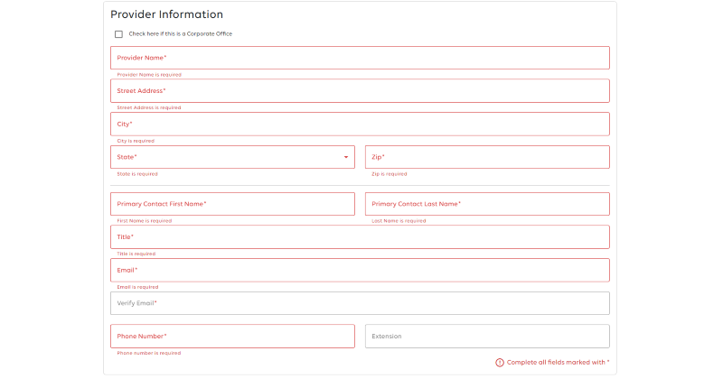 Provider Information fields.