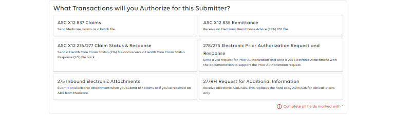 What Transactions will you Authorize for this Submitter fields.