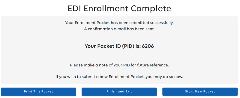 EDI Enrollment Complete screen