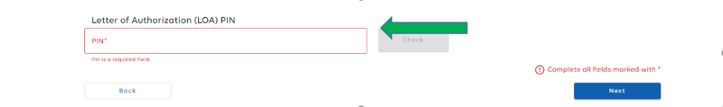 Letter of Authorization Pin field.