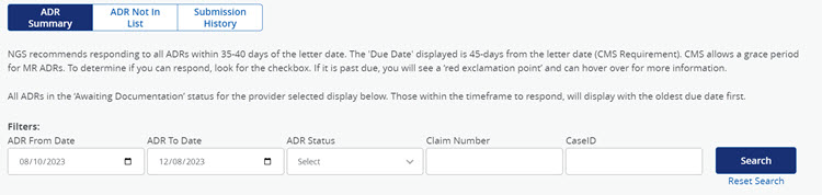 ADR section of Connex showing the filters for the ADR Summary section. 