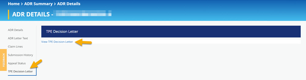  ADR Details displayed in Connex, with a yellow arrow pointing to the TPE Decision Letter link in the left side navigation and the View TPE Decision letter link. 