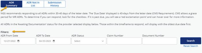 Image of ADR Summary tab in NGSConnex with a yellow arrow pointing to the ADR Summary tab, and Filters. 