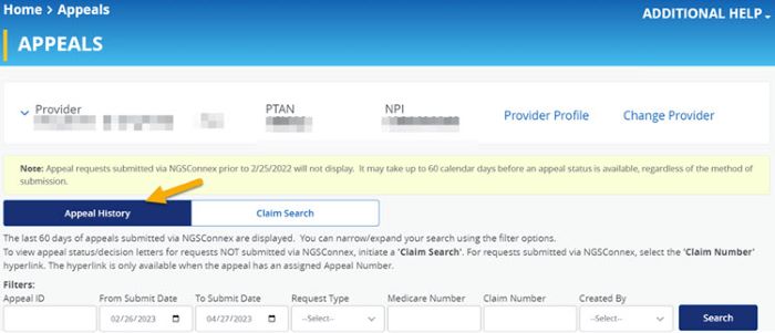 Image of Appeals section in NGSConnex will yellow arrow pointing to the Appeal History tab.