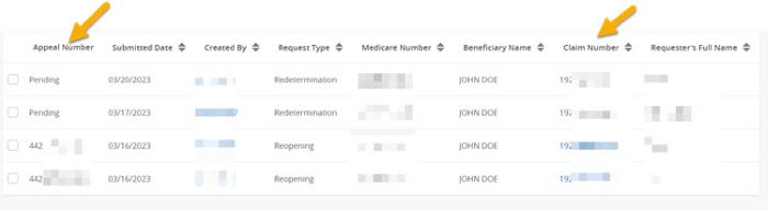 Yellow arrows pointing to the Appeal Number column and the Claim Number column.