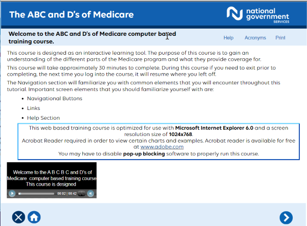 Image of "The ABC and D's of Medicare" CBT course welcome page