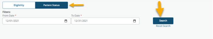 A white rectangular object with a black text with a yellow arrow pointing to Patient Status and Search. 