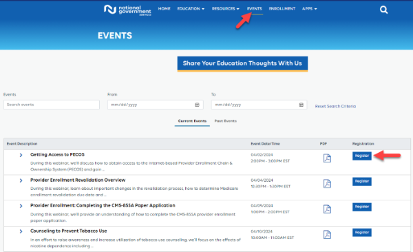 Image of "Events" page with arrow pointing to "Register" button