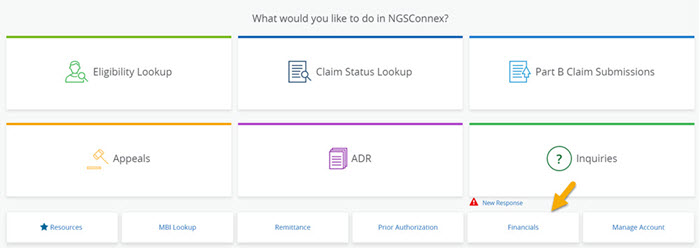 The NGSConnex homepage with a yellow arrow pointing to the 'Financials' tab. 