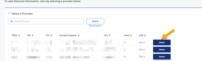 The Select a Provider panel with a yellow arrow pointing to the Select button next to the Part A account. 