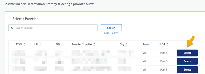 The 'Select a Provider' panel in the NGSConnex portal, with a yellow arrow pointing to the 'Select' button to the right of the provider. 
