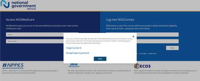 NGSConnex incorrect user name password screen