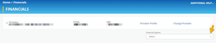 The Financials section of the NGSConnex portal with a yellow arrow pointing to the 'Financial Options' drop down menu.